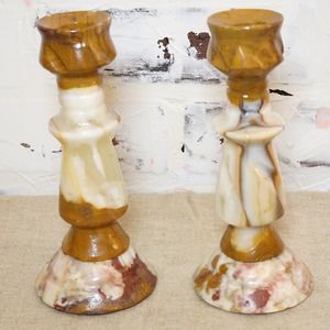 Vintage Marble Candle Holders Brown-Cream-White Made in Mexico Set/2 - 6.5" Tall